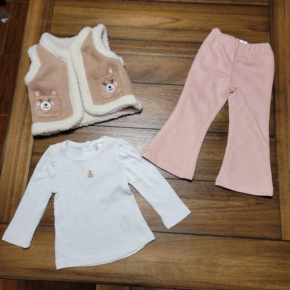 3 Pc Nannette Infant Pant Outfit w/ Faux Suede & Sherpa Vest - Size 18M